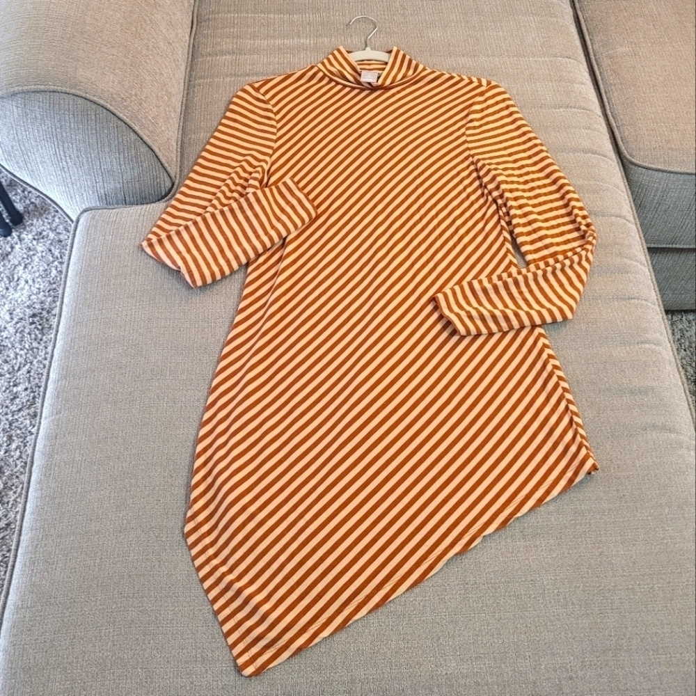 Chico's Brown Tan Striped Fitted Asymmetrical Casual Boho Dress Size Small/0